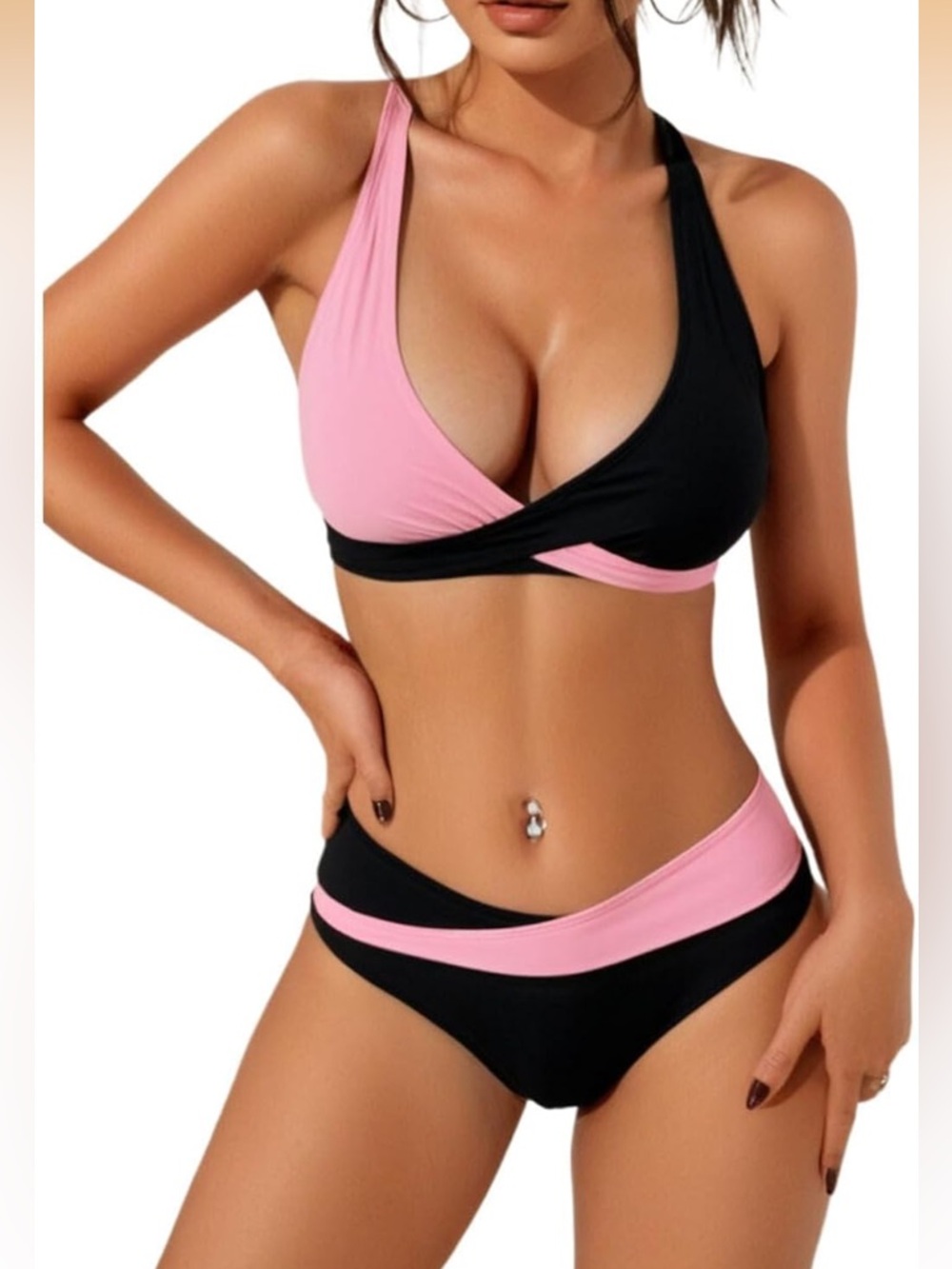 0015: Bikini Set for Women Two Piece Swimsuit Pink and Black Size Small